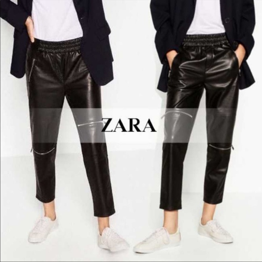 ZARA CROPPED FAUX LEATHER ZIPPER PANTS
